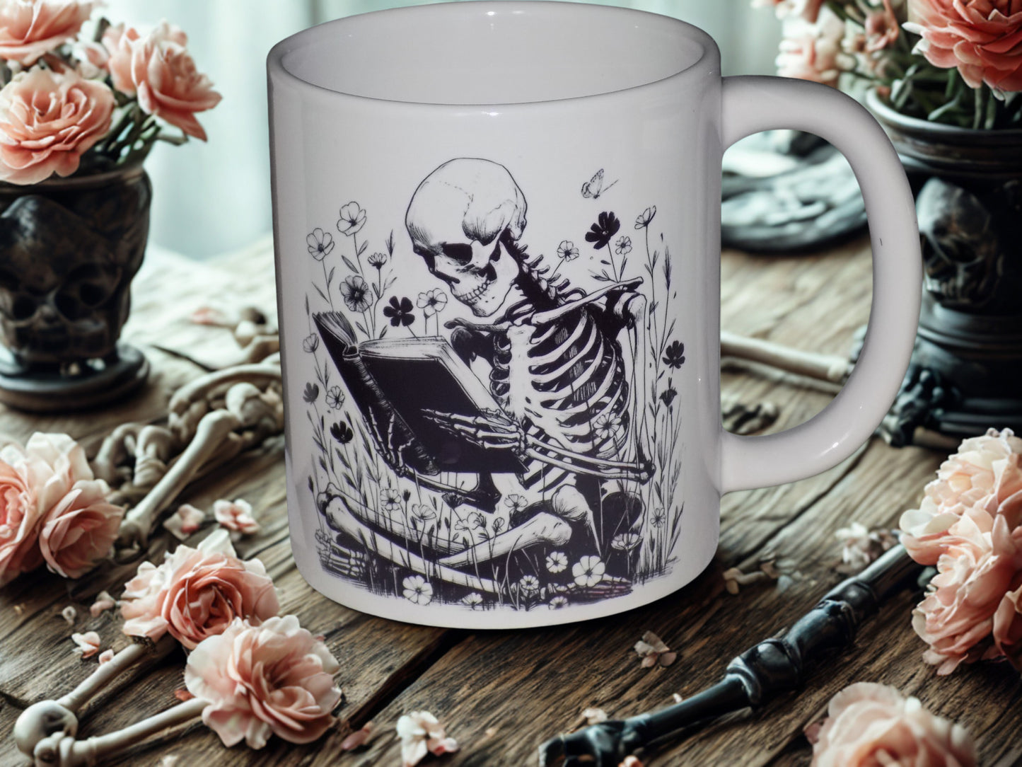 12 ounce Skeleton Mug Reading a Book