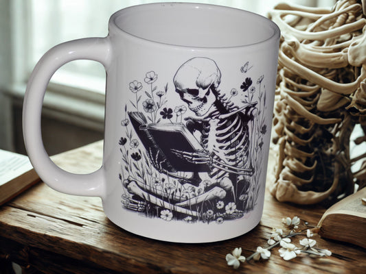 12 ounce Skeleton Mug Reading a Book